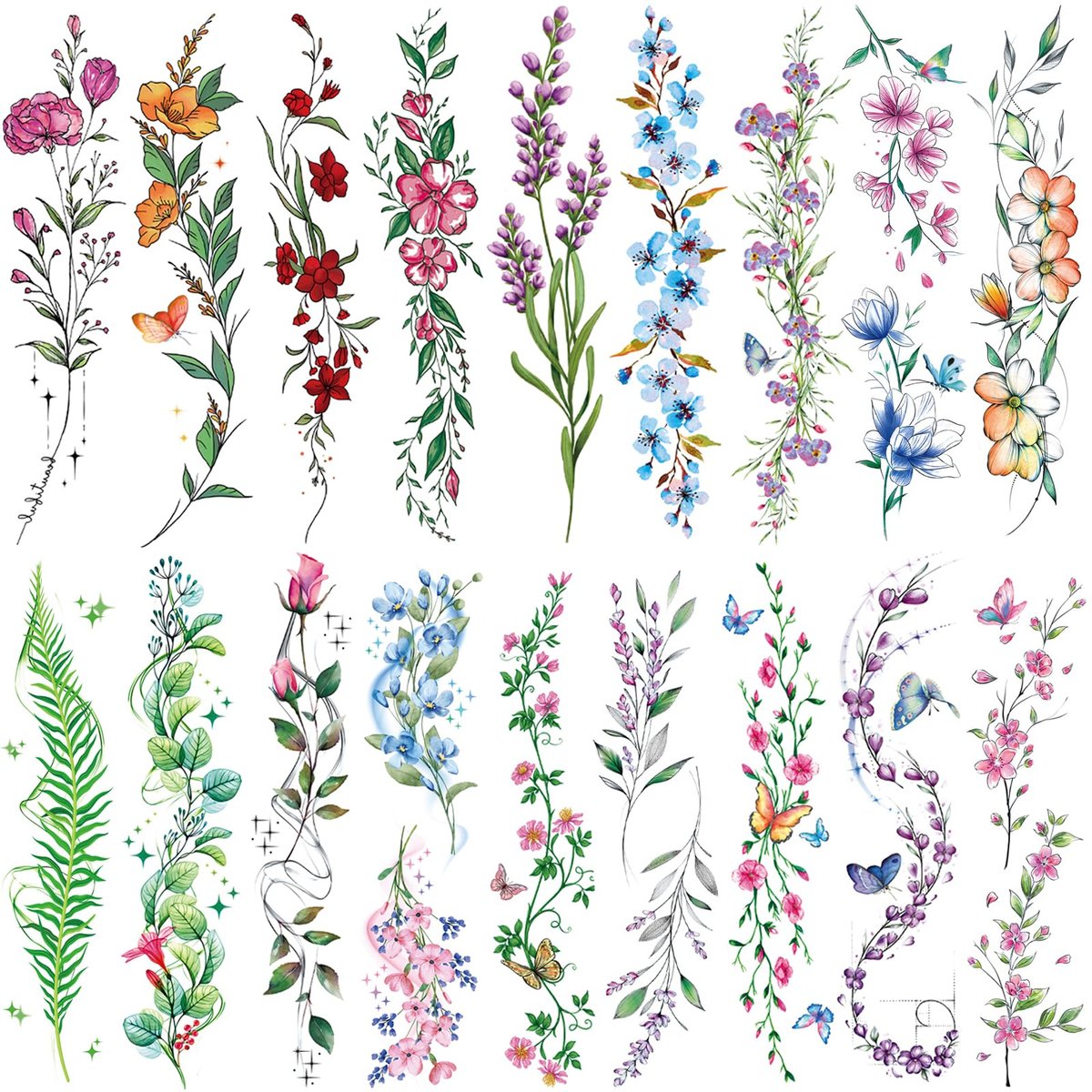 Tazimi Aquarell-Tattoos für Frauen & Mädchen – 24 Blatt mit bunten Blumenmotiven (Lavendel, Rosen, Weinreben, Vergissmeinnicht, Pflaumenblüten, Wildblumen) – realistische, wasserfeste temporäre Tattoo-Aufkleber für Körperkunst