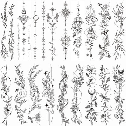 Tazimi Temporäre Tattoos für Frauen und Mädchen – 24 Blatt mit Zweigen, Blumen, Blättern, Wildpflanzen – realistische, langanhaltende, wasserfeste Tattoo-Aufkleber für Arm, Schlüsselbein, Bein, Rücken