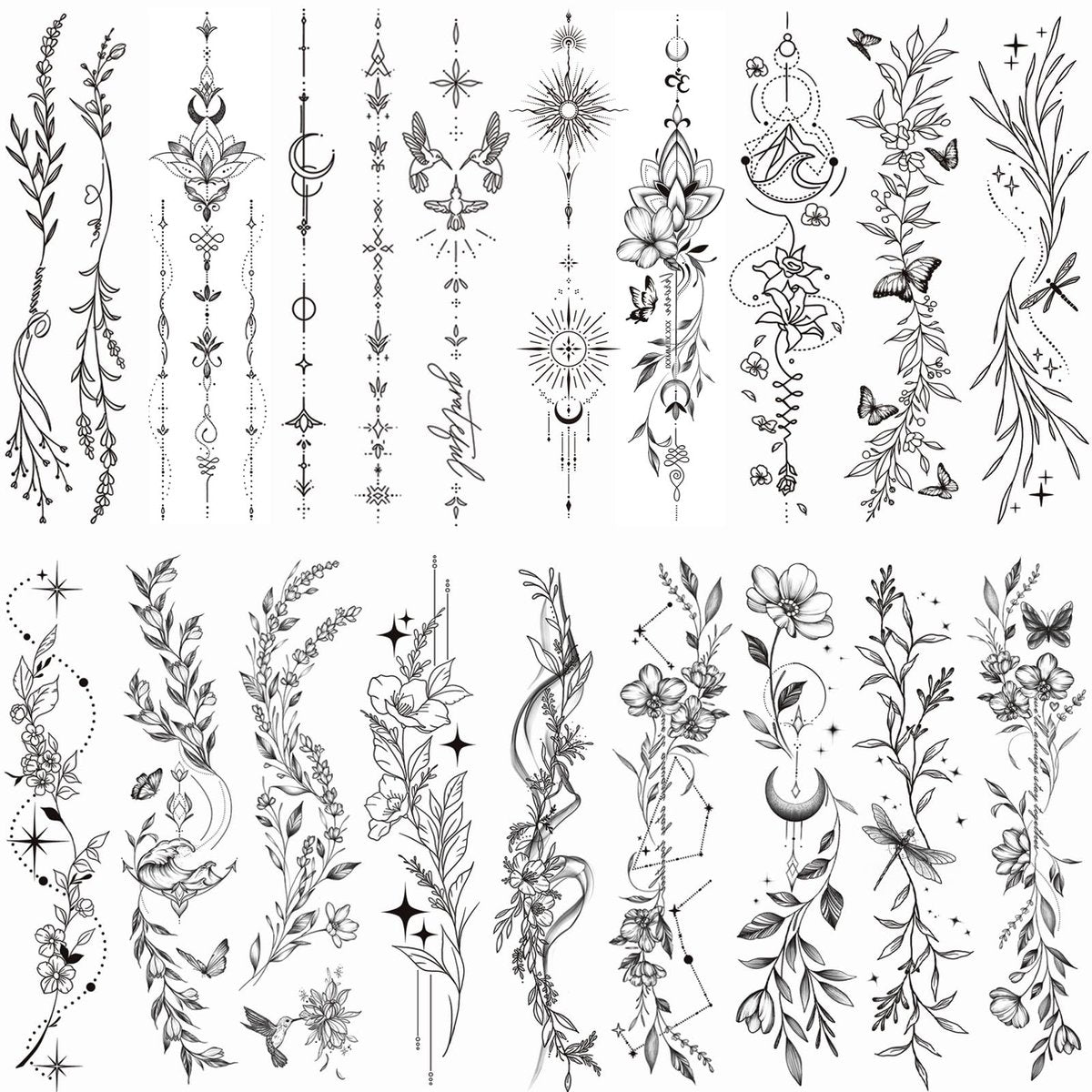 Tazimi Temporäre Tattoos für Frauen und Mädchen – 24 Blatt mit Zweigen, Blumen, Blättern, Wildpflanzen – realistische, langanhaltende, wasserfeste Tattoo-Aufkleber für Arm, Schlüsselbein, Bein, Rücken