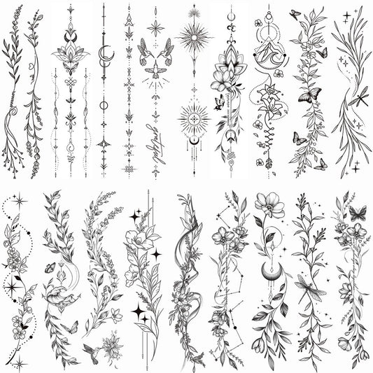 Tazimi Temporäre Tattoos für Frauen und Mädchen – 24 Blatt mit Zweigen, Blumen, Blättern, Wildpflanzen – realistische, langanhaltende, wasserfeste Tattoo-Aufkleber für Arm, Schlüsselbein, Bein, Rücken
