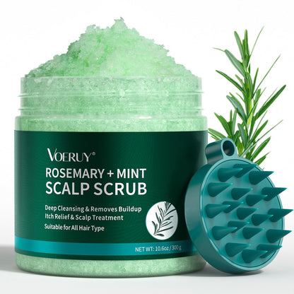 VOERUY Rosmarin Kopfhaut Peeling, Kopfhaut-Exfoliator Scrub Shampoo, 2-in-1 Kopfhautbehandlung mit Minzöl, Haarbehandlung zur Reinigung und Entfernung von Ablagerungen mit Silikon-Kopfhautmassagegerät, 10,6 oz/300 g