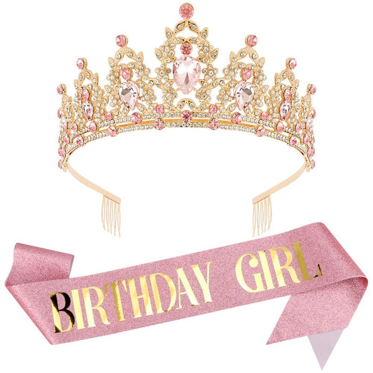 AOPRIE Geburtstags-Stirnbänder Sash für Frauen Mädchen Rhinestone Happy Birthday Accessoires 2er-Pack Gold Pink Weiß Gelb