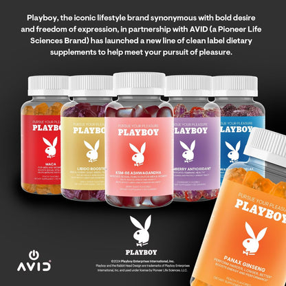 Playboy – Ginseng Gummies (60 Stück, Pfirsichgeschmack) – Länger, härter, besser – Panax Ginseng Gummibonbons für Männer und Frauen – 100 % natürlicher, veganer, gentechnikfreier Ginsengwurzel 6:1 Extrakt