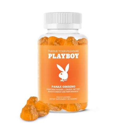 Playboy – Ginseng Gummies (60 Stück, Pfirsichgeschmack) – Länger, härter, besser – Panax Ginseng Gummibonbons für Männer und Frauen – 100 % natürlicher, veganer, gentechnikfreier Ginsengwurzel 6:1 Extrakt