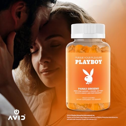 Playboy – Ginseng Gummies (60 Stück, Pfirsichgeschmack) – Länger, härter, besser – Panax Ginseng Gummibonbons für Männer und Frauen – 100 % natürlicher, veganer, gentechnikfreier Ginsengwurzel 6:1 Extrakt