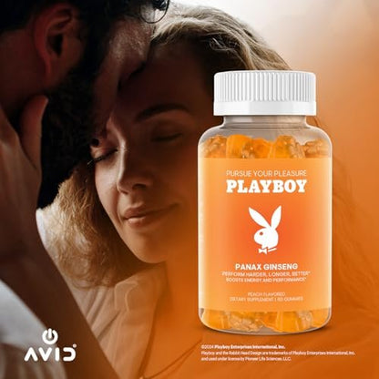 Playboy – Ginseng Gummies (60 Stück, Pfirsichgeschmack) – Länger, härter, besser – Panax Ginseng Gummibonbons für Männer und Frauen – 100 % natürlicher, veganer, gentechnikfreier Ginsengwurzel 6:1 Extrakt