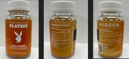 Playboy – Ginseng Gummies (60 Stück, Pfirsichgeschmack) – Länger, härter, besser – Panax Ginseng Gummibonbons für Männer und Frauen – 100 % natürlicher, veganer, gentechnikfreier Ginsengwurzel 6:1 Extrakt