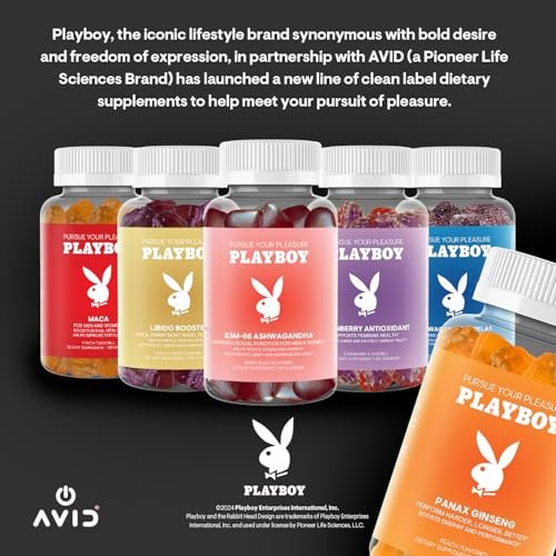 Playboy – Ginseng Gummies (60 Stück, Pfirsichgeschmack) – Länger, härter, besser – Panax Ginseng Gummibonbons für Männer und Frauen – 100 % natürlicher, veganer, gentechnikfreier Ginsengwurzel 6:1 Extrakt