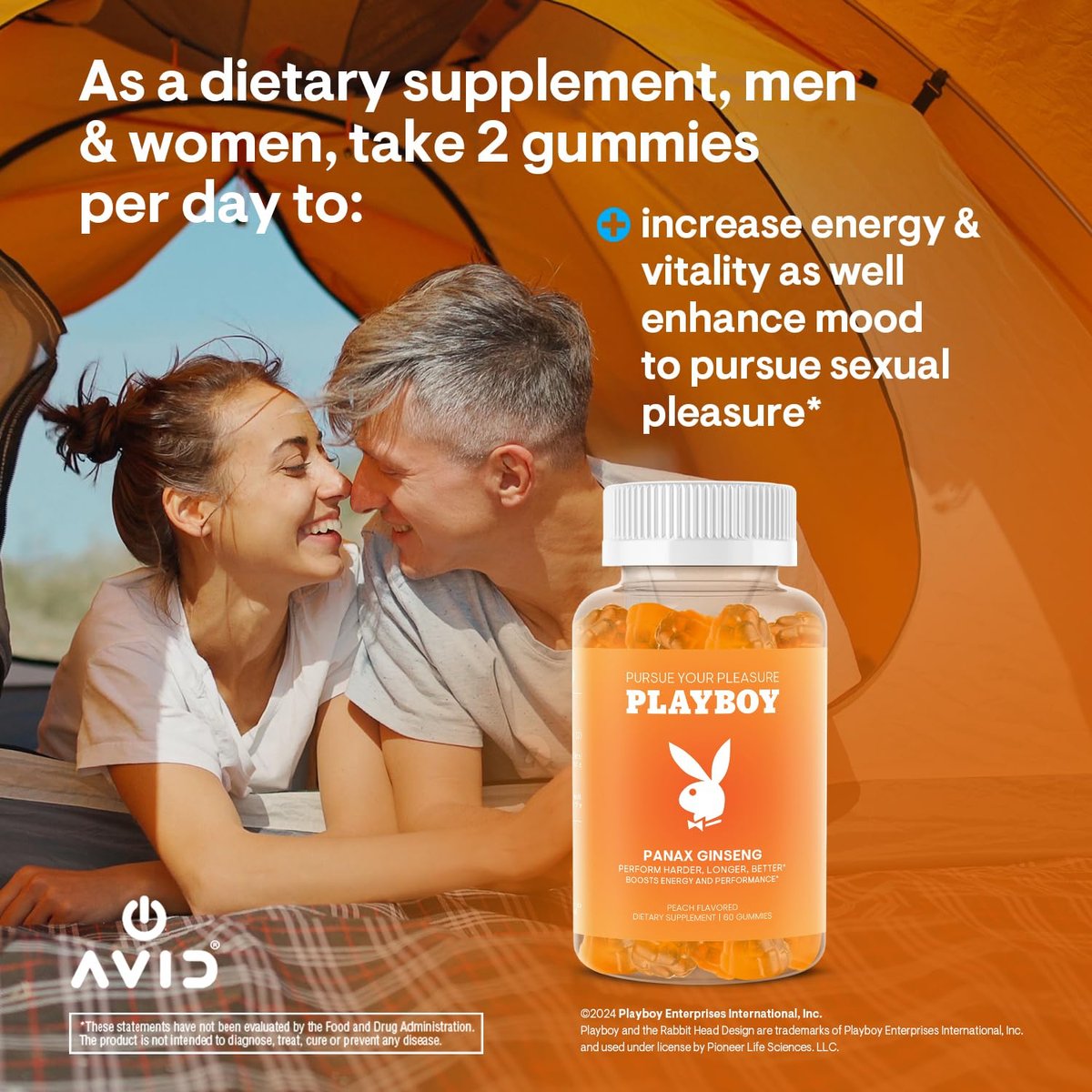 Playboy – Ginseng Gummies (60 Stück, Pfirsichgeschmack) – Länger, härter, besser – Panax Ginseng Gummibonbons für Männer und Frauen – 100 % natürlicher, veganer, gentechnikfreier Ginsengwurzel 6:1 Extrakt