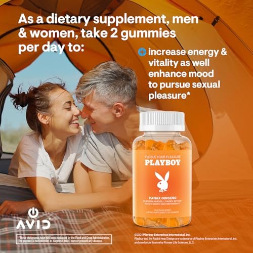 Playboy – Ginseng Gummies (60 Stück, Pfirsichgeschmack) – Länger, härter, besser – Panax Ginseng Gummibonbons für Männer und Frauen – 100 % natürlicher, veganer, gentechnikfreier Ginsengwurzel 6:1 Extrakt