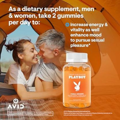 Playboy – Ginseng Gummies (60 Stück, Pfirsichgeschmack) – Länger, härter, besser – Panax Ginseng Gummibonbons für Männer und Frauen – 100 % natürlicher, veganer, gentechnikfreier Ginsengwurzel 6:1 Extrakt