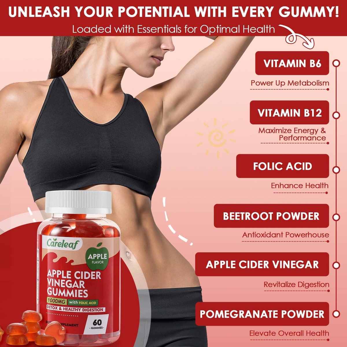 careleaf Apfelessig Gummibärchen - Stoffwechsel Gummis mit 1000mg ACV & Vitamin B6 B12, ACV Gummis für Stoffwechsel, Verdauung, Entgiftung, Darm- & Immunsystem, 60 Stück