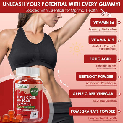 careleaf Apfelessig Gummibärchen - Stoffwechsel Gummis mit 1000mg ACV & Vitamin B6 B12, ACV Gummis für Stoffwechsel, Verdauung, Entgiftung, Darm- & Immunsystem, 60 Stück
