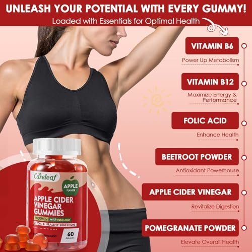 careleaf Apfelessig Gummibärchen - Stoffwechsel Gummis mit 1000mg ACV & Vitamin B6 B12, ACV Gummis für Stoffwechsel, Verdauung, Entgiftung, Darm- & Immunsystem, 60 Stück