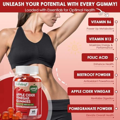 careleaf Apfelessig Gummibärchen - Stoffwechsel Gummis mit 1000mg ACV & Vitamin B6 B12, ACV Gummis für Stoffwechsel, Verdauung, Entgiftung, Darm- & Immunsystem, 60 Stück