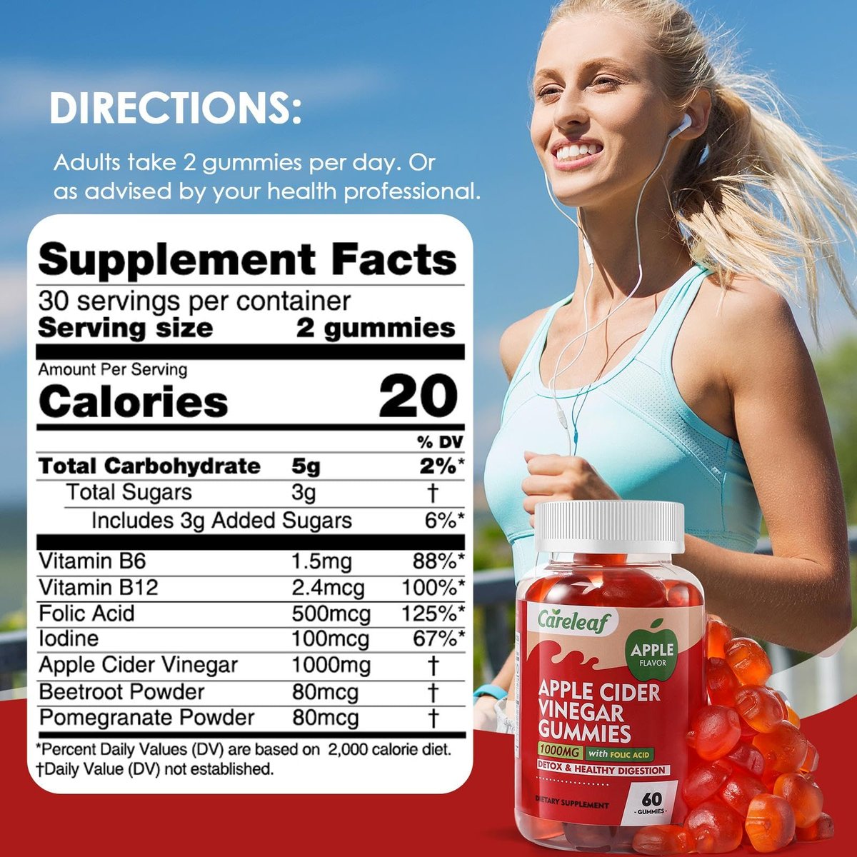 careleaf Apfelessig Gummibärchen - Stoffwechsel Gummis mit 1000mg ACV & Vitamin B6 B12, ACV Gummis für Stoffwechsel, Verdauung, Entgiftung, Darm- & Immunsystem, 60 Stück