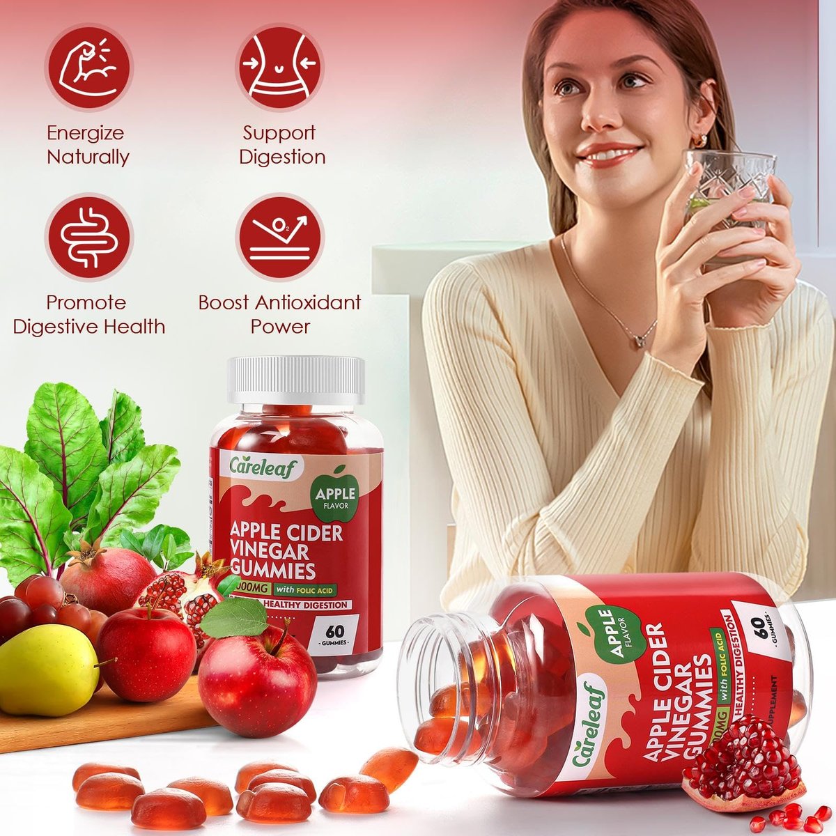 careleaf Apfelessig Gummibärchen - Stoffwechsel Gummis mit 1000mg ACV & Vitamin B6 B12, ACV Gummis für Stoffwechsel, Verdauung, Entgiftung, Darm- & Immunsystem, 60 Stück