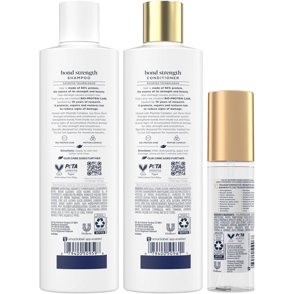 Dove Bond Strength Shampoo & Conditioner Set + Haarserum – Reparatur-Set für geschädigtes und krauses Haar (3-teilig)
