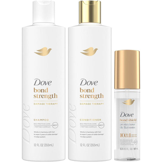 Dove Bond Strength Shampoo & Conditioner Set + Haarserum – Reparatur-Set für geschädigtes und krauses Haar (3-teilig)