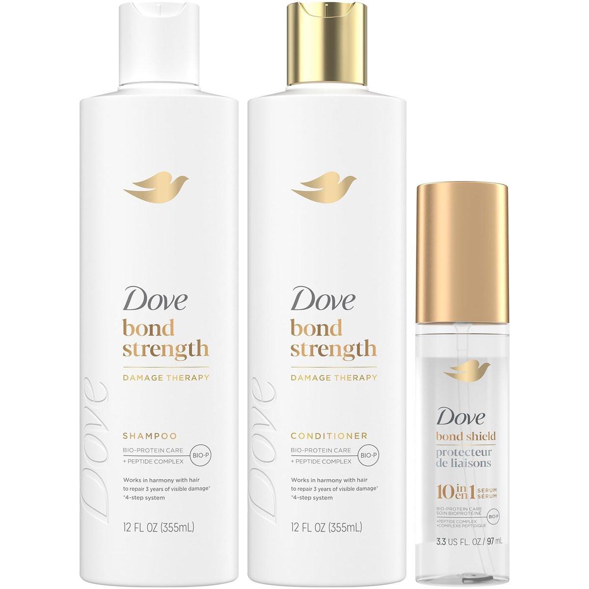Dove Bond Strength Shampoo & Conditioner Set + Haarserum – Reparatur-Set für geschädigtes und krauses Haar (3-teilig)