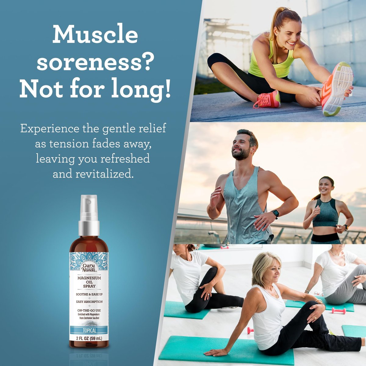 GuruNanda Magnesiumöl-Spray (60 ml) – Topisches Magnesiumspray mit natürlichen ätherischen Ölen und Aloe Vera für Muskelkater und Entspannung, tierversuchsfrei