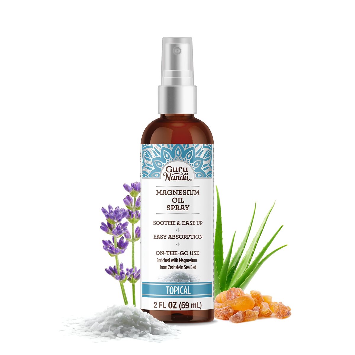 GuruNanda Magnesiumöl-Spray (60 ml) – Topisches Magnesiumspray mit natürlichen ätherischen Ölen und Aloe Vera für Muskelkater und Entspannung, tierversuchsfrei