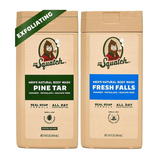 Dr. Squatch Herren Duschgel mit pflegenden, natürlichen Inhaltsstoffen | Ohne Parabene, Phthalate, Sulfate | Den ganzen Tag Feuchtigkeit | Langanhaltender Duft | Pine Tar & Fresh Falls (14 oz, 2er-Pack)