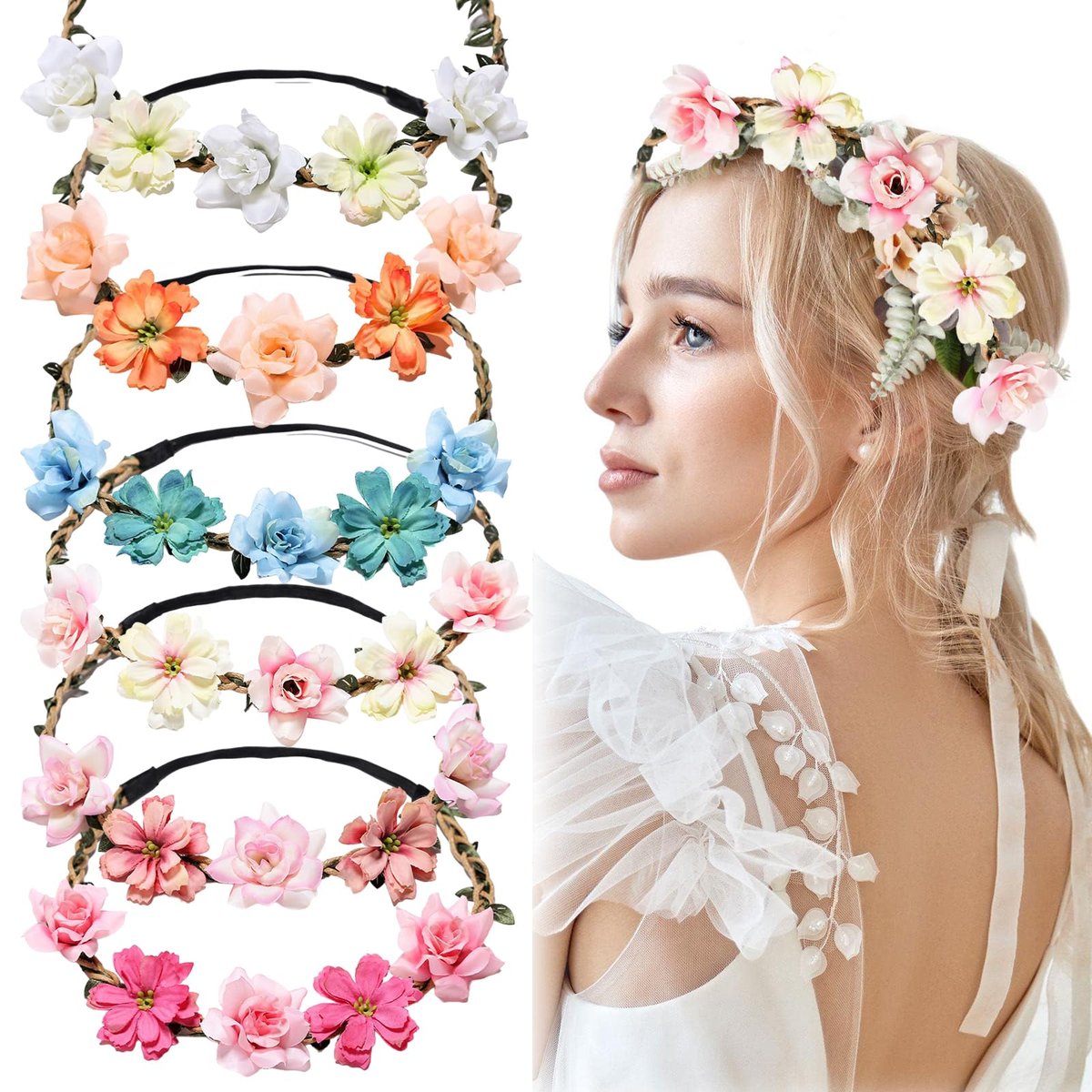 Ylapagne Krone für Mädchen und Frauen – Rosa Stirnband & Kopfschmuck für Hochzeiten, Brautjungfern, Blumenmädchen, Teeparty, Bayerisches Fest, Boho Blumen Haaraccessoires, 6 Stück