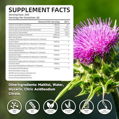 Liver Cleanse Detox & Repair Liquid Drops - 2000mg Mariendistel, Löwenzahnwurzel, Artischocke, Silymarin-Extrakt & Kurkuma Kräuter - Vegan, Nicht-GVO - 60 ml Flasche