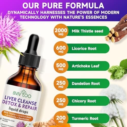 Liver Cleanse Detox & Repair Liquid Drops - 2000mg Mariendistel, Löwenzahnwurzel, Artischocke, Silymarin-Extrakt & Kurkuma Kräuter - Vegan, Nicht-GVO - 60 ml Flasche
