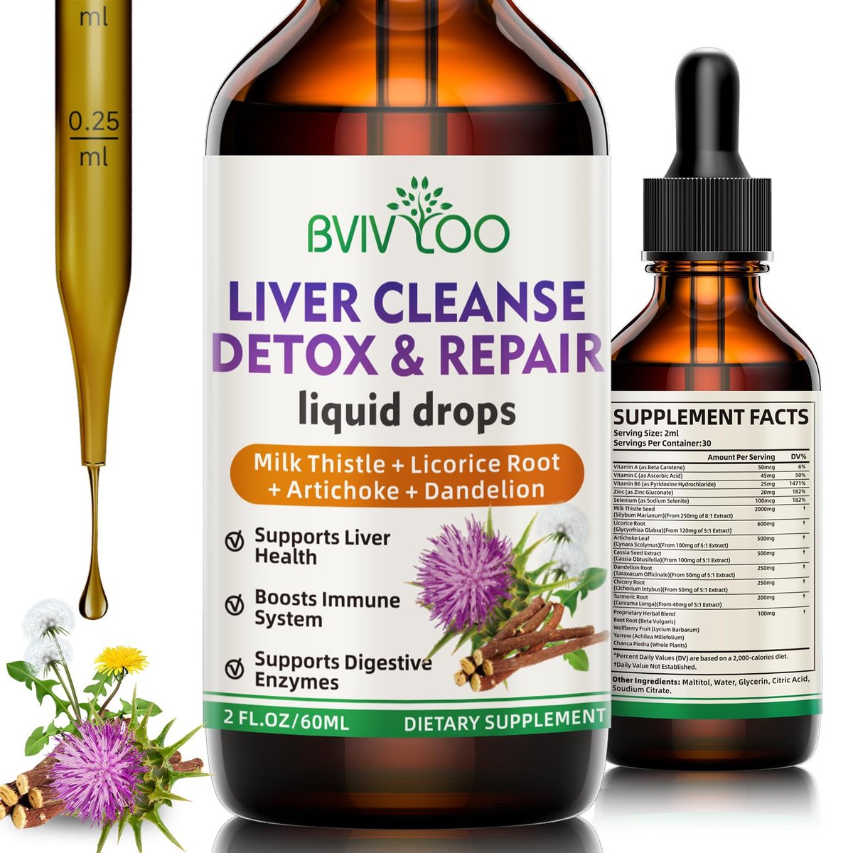 Liver Cleanse Detox & Repair Liquid Drops - 2000mg Mariendistel, Löwenzahnwurzel, Artischocke, Silymarin-Extrakt & Kurkuma Kräuter - Vegan, Nicht-GVO - 60 ml Flasche