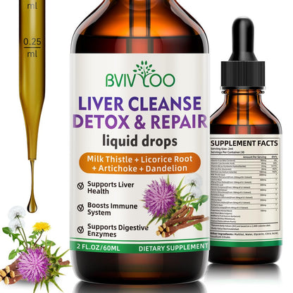 Liver Cleanse Detox & Repair Liquid Drops - 2000mg Mariendistel, Löwenzahnwurzel, Artischocke, Silymarin-Extrakt & Kurkuma Kräuter - Vegan, Nicht-GVO - 60 ml Flasche