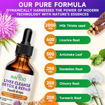 Liver Cleanse Detox & Repair Liquid Drops - 2000mg Mariendistel, Löwenzahnwurzel, Artischocke, Silymarin-Extrakt & Kurkuma Kräuter - Vegan, Nicht-GVO - 60 ml Flasche