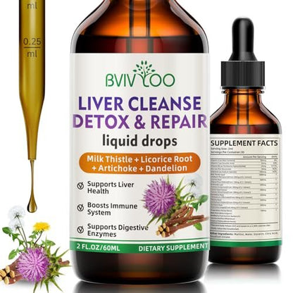 Liver Cleanse Detox & Repair Liquid Drops - 2000mg Mariendistel, Löwenzahnwurzel, Artischocke, Silymarin-Extrakt & Kurkuma Kräuter - Vegan, Nicht-GVO - 60 ml Flasche