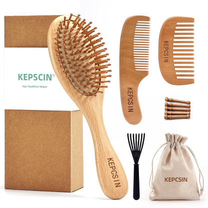 KEPCSIN 3er-Set Holzhaarbürsten für Haarwachstum – Natürliche kleine Holzkämme zum Entwirren und Massieren der Kopfhaut – Grobe Zahn-Taschenkämme ohne Borsten für dickes/dünnes/lockiges/trockenes Haar – Geschenk für Damen und Herren