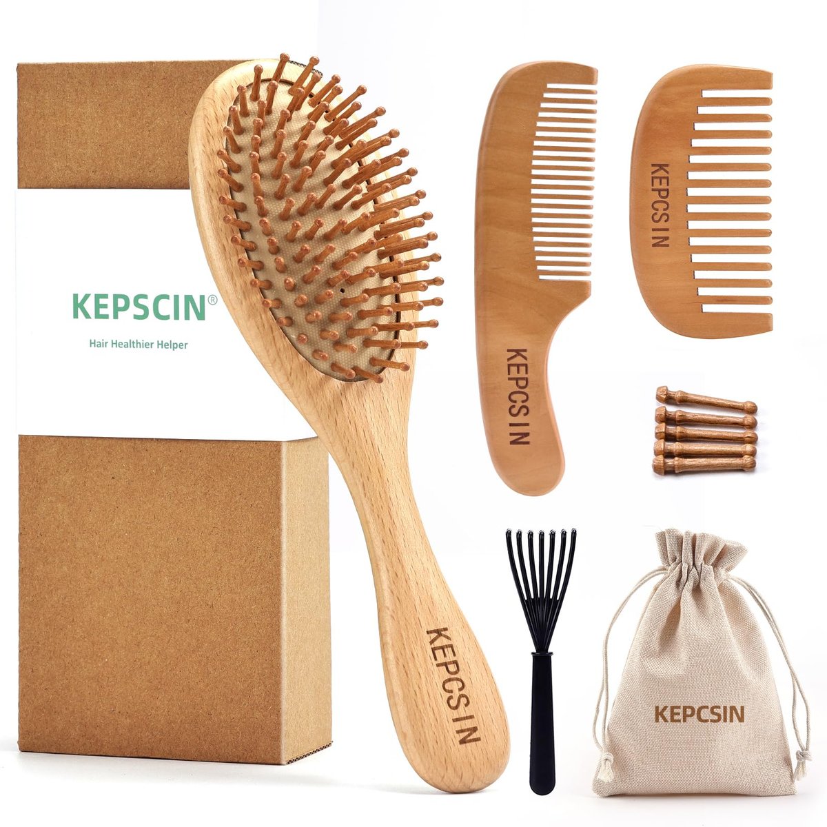 KEPCSIN 3er-Set Holzhaarbürsten für Haarwachstum – Natürliche kleine Holzkämme zum Entwirren und Massieren der Kopfhaut – Grobe Zahn-Taschenkämme ohne Borsten für dickes/dünnes/lockiges/trockenes Haar – Geschenk für Damen und Herren