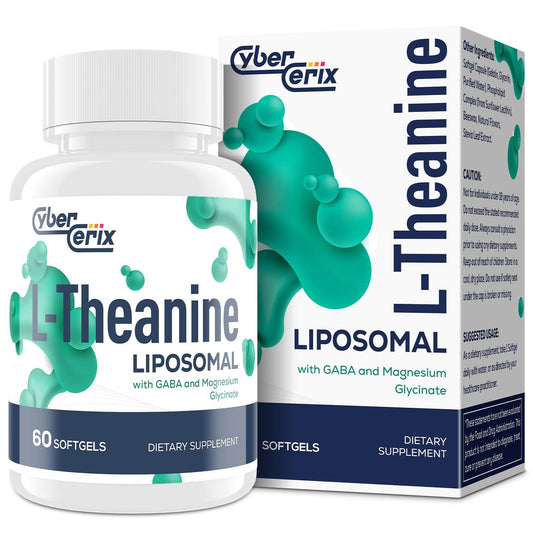CyberCerix Liposomales L-Theanin 500 mg, Komplex mit GABA 200 mg & Magnesium 100 mg, Extra starkes Nahrungsergänzungsmittel für Ruhe, Entspannung & Fokus, Glutenfrei - 60 Kapseln