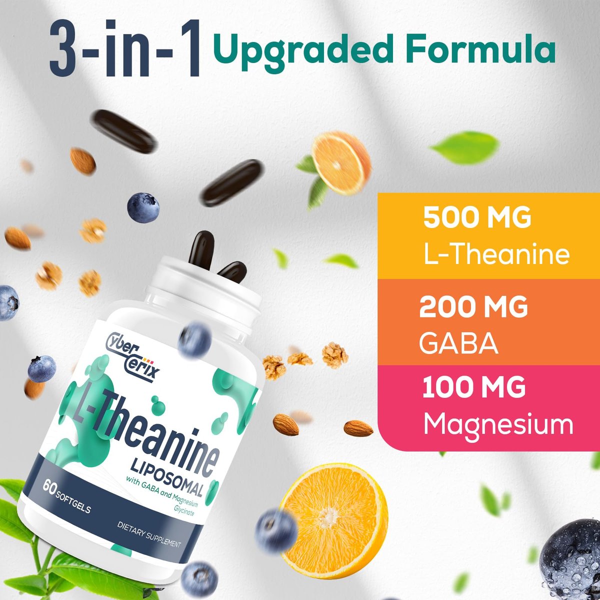 CyberCerix Liposomales L-Theanin 500 mg, Komplex mit GABA 200 mg & Magnesium 100 mg, Extra starkes Nahrungsergänzungsmittel für Ruhe, Entspannung & Fokus, Glutenfrei - 60 Kapseln