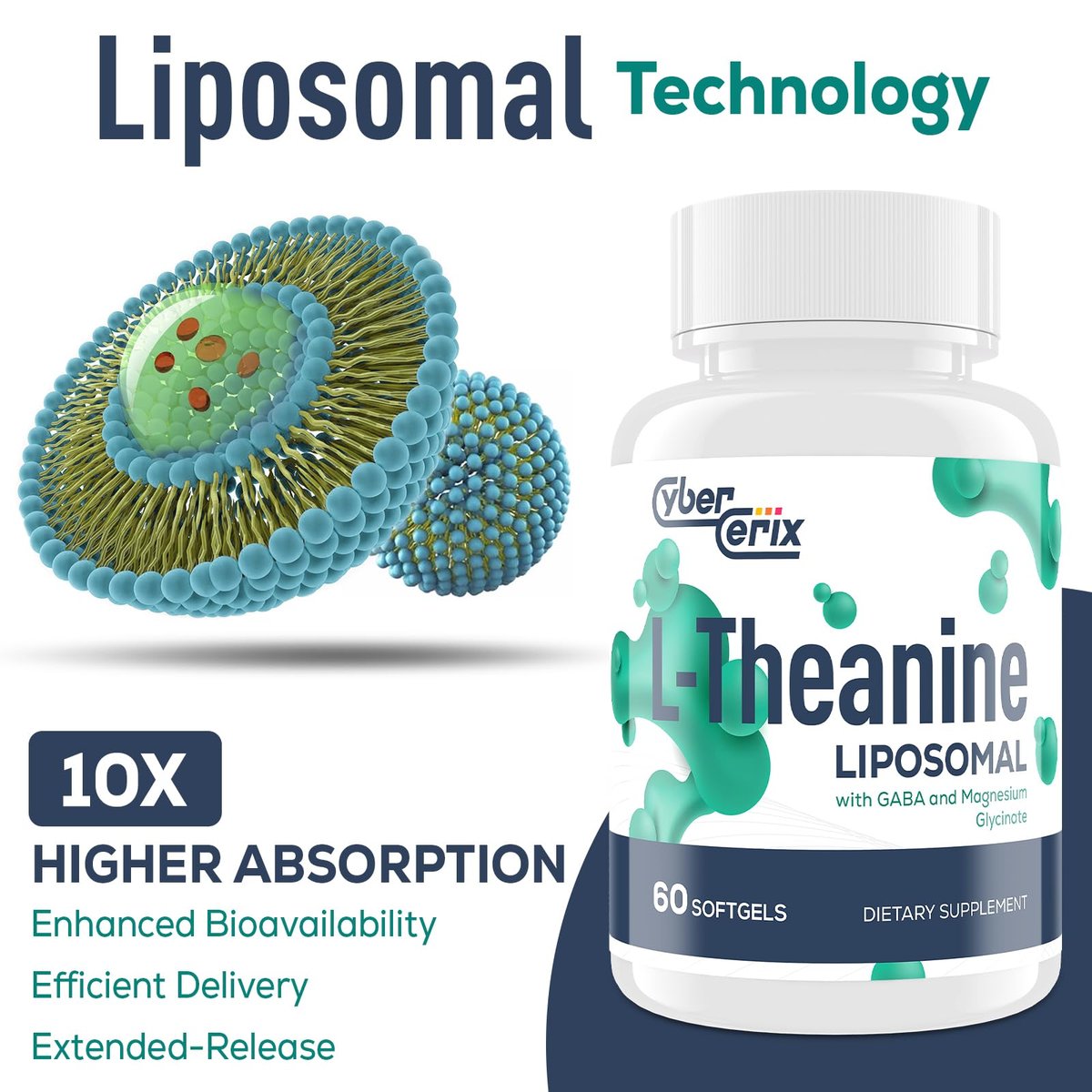CyberCerix Liposomales L-Theanin 500 mg, Komplex mit GABA 200 mg & Magnesium 100 mg, Extra starkes Nahrungsergänzungsmittel für Ruhe, Entspannung & Fokus, Glutenfrei - 60 Kapseln