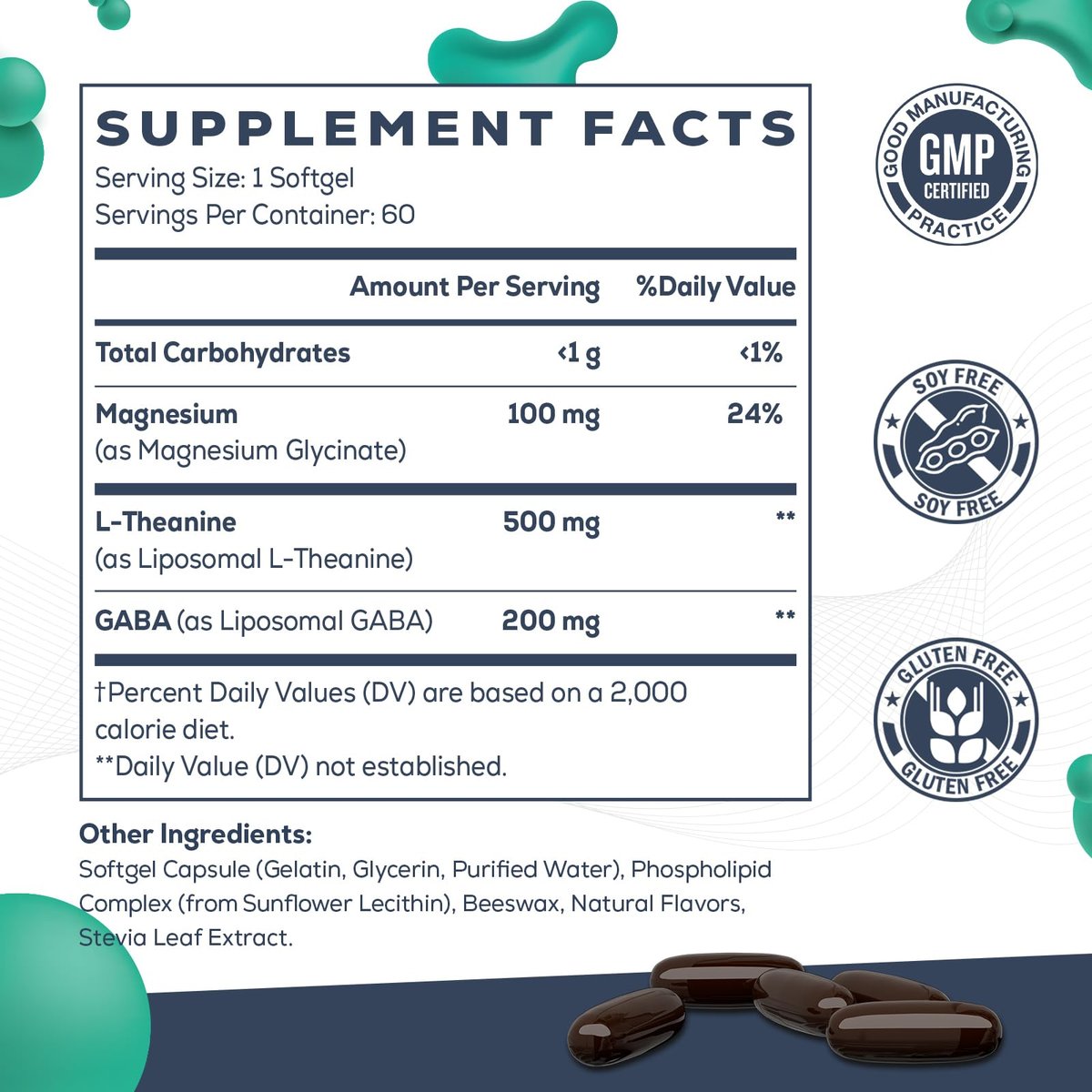 CyberCerix Liposomales L-Theanin 500 mg, Komplex mit GABA 200 mg & Magnesium 100 mg, Extra starkes Nahrungsergänzungsmittel für Ruhe, Entspannung & Fokus, Glutenfrei - 60 Kapseln