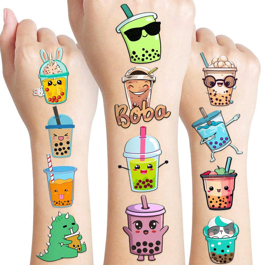 96 Stücke Lustige Bubble Boba Milchtee Vorgefertigte Temporäre Tattoos Aufkleber Themengeburtstagsparty Dekorationen Liefert Dekor Geschenke Jungen Mädchen Erwachsene Süße Tattoo Schulbelohnungspreise Weihnachtskarneval