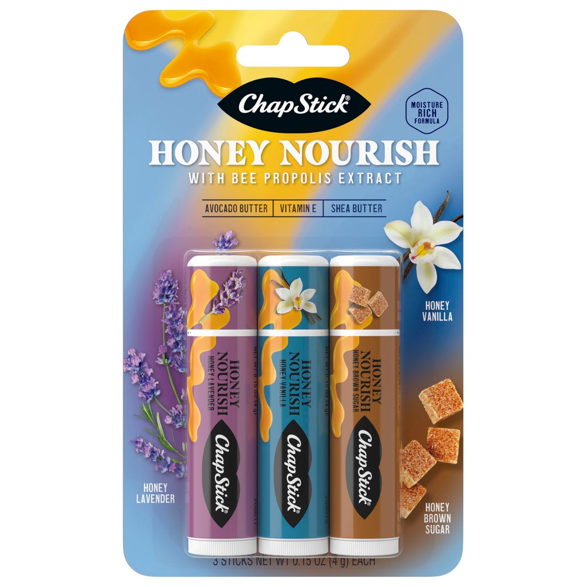 ChapStick Lippenbalsam Honey Nourish – Feuchtigkeitsspendend mit Sheabutter und Avocadobutter, Vitamin E, Geschmacksrichtungen Lavendel, Vanille, Brauner Zucker, 3er-Pack à 0,45 oz