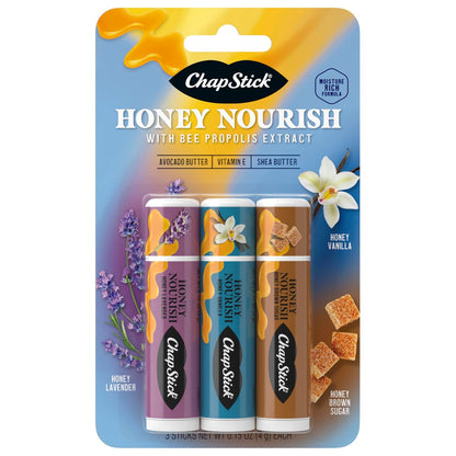 ChapStick Lippenbalsam Honey Nourish – Feuchtigkeitsspendend mit Sheabutter und Avocadobutter, Vitamin E, Geschmacksrichtungen Lavendel, Vanille, Brauner Zucker, 3er-Pack à 0,45 oz