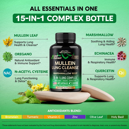 Mullein Lung Detox – 15-in-1 Lungenunterstützung mit Mullein 10:1 Extrakt, Eibischwurzel, Echinacea, Oregano, Quercetin, NAC – für Raucher – 60 vegane Kapseln