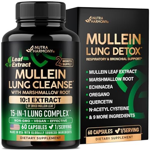 Mullein Lung Detox – 15-in-1 Lungenunterstützung mit Mullein 10:1 Extrakt, Eibischwurzel, Echinacea, Oregano, Quercetin, NAC – für Raucher – 60 vegane Kapseln