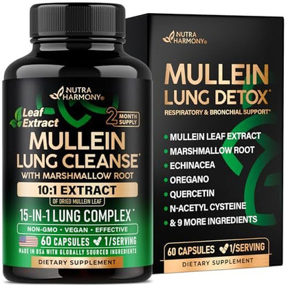Mullein Lung Detox – 15-in-1 Lungenunterstützung mit Mullein 10:1 Extrakt, Eibischwurzel, Echinacea, Oregano, Quercetin, NAC – für Raucher – 60 vegane Kapseln
