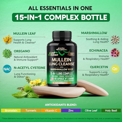 Mullein Lung Detox – 15-in-1 Lungenunterstützung mit Mullein 10:1 Extrakt, Eibischwurzel, Echinacea, Oregano, Quercetin, NAC – für Raucher – 60 vegane Kapseln