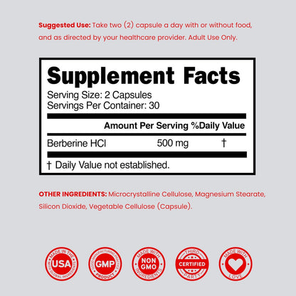 Berberin Supplement 500 mg pro Portion (60 Kapseln) – Berberin HCL zur Unterstützung der Darmgesundheit für Männer und Frauen – Premium-Ergänzung für Erwachsene – Drittanbieter getestet – Vegane Kapseln & Hergestellt in den USA
