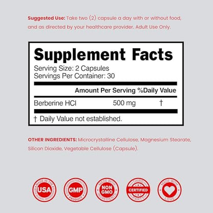 Berberin Supplement 500 mg pro Portion (60 Kapseln) – Berberin HCL zur Unterstützung der Darmgesundheit für Männer und Frauen – Premium-Ergänzung für Erwachsene – Drittanbieter getestet – Vegane Kapseln & Hergestellt in den USA