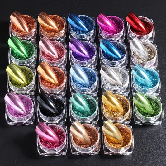 23-teiliges Metallic Mirror Chrome Nagelpuder Set – Y2K Gold & Silber Spiegel-Effekt Pigmente für Nail Art